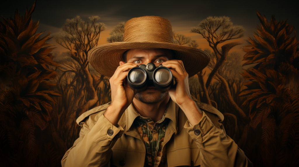a man holding binoculars in a safari setting
